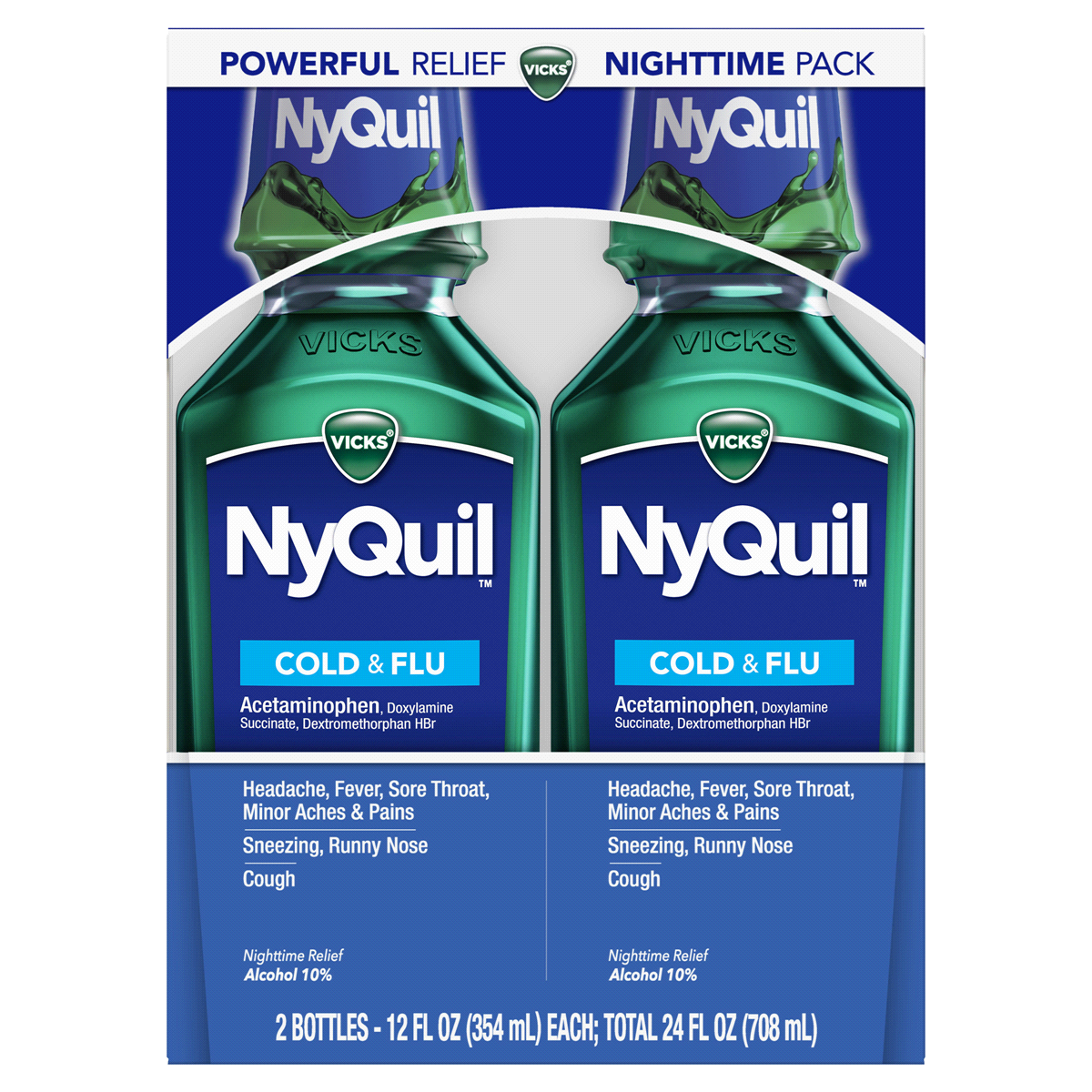 slide 1 of 3, Vicks Nyquil, Nighttime Cold & Flu Symptom Relief, Relives Aches, Fever, Sore, 2 ct; 12 oz