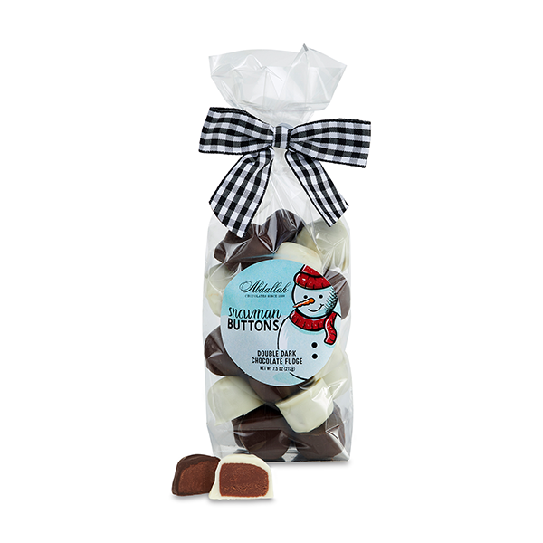 slide 1 of 1, Abdallah Candies Holiday Snowman Buttons Double Dark Chocolate Fudge, 7.5 oz