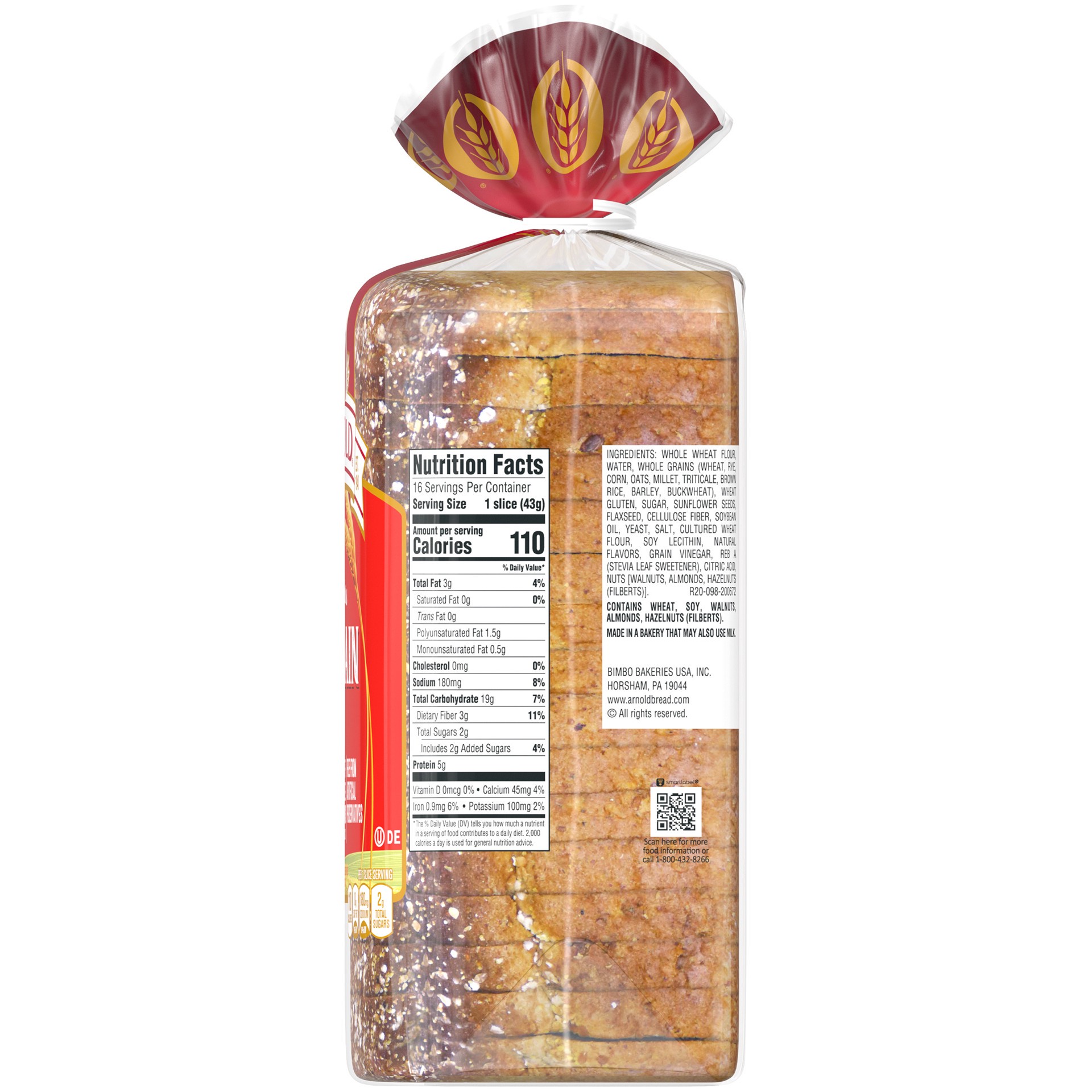 slide 5 of 5, Arnold 12 Grains and Seeds Bread, 24 oz, Whole Grain Multigrain Bread, Bag, 24 oz