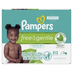 Pampers Free & Gentle Baby Wipes, 99% Water, Hypoallergenic, Unscented, 100% Plant Based, Plastic-Free Baby Wipes, 312 Baby Wipes Total (4X Flip-Top Packs)