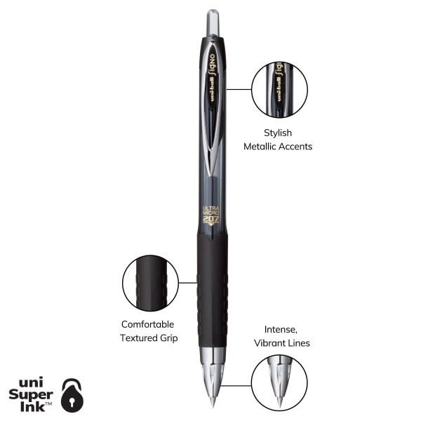 slide 5 of 8, uni-ball 207 Retractable Fraud Prevention Gel Pens, Ultra Micro Point, 0.38 Mm, Translucent Black Barrels, Black Ink, Pack Of 4, 4 ct