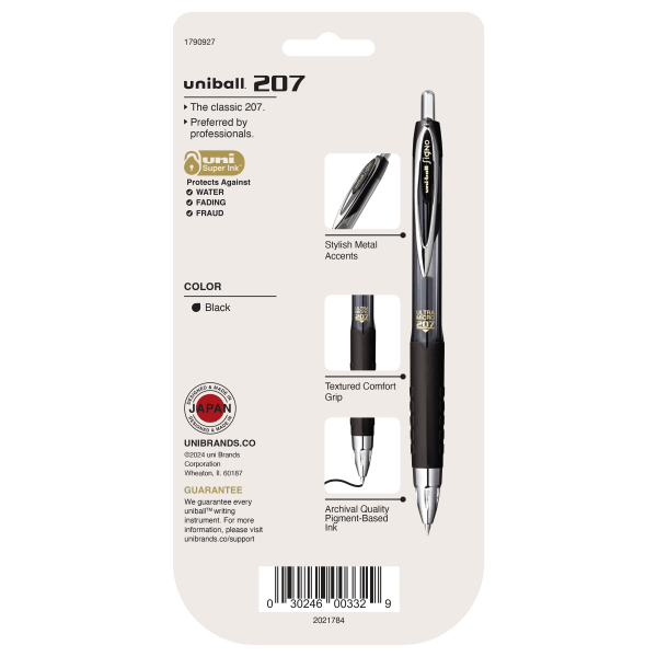 slide 7 of 8, uni-ball 207 Retractable Fraud Prevention Gel Pens, Ultra Micro Point, 0.38 Mm, Translucent Black Barrels, Black Ink, Pack Of 4, 4 ct