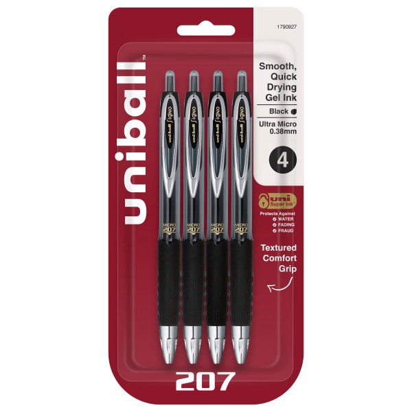 slide 1 of 8, uni-ball 207 Retractable Fraud Prevention Gel Pens, Ultra Micro Point, 0.38 Mm, Translucent Black Barrels, Black Ink, Pack Of 4, 4 ct