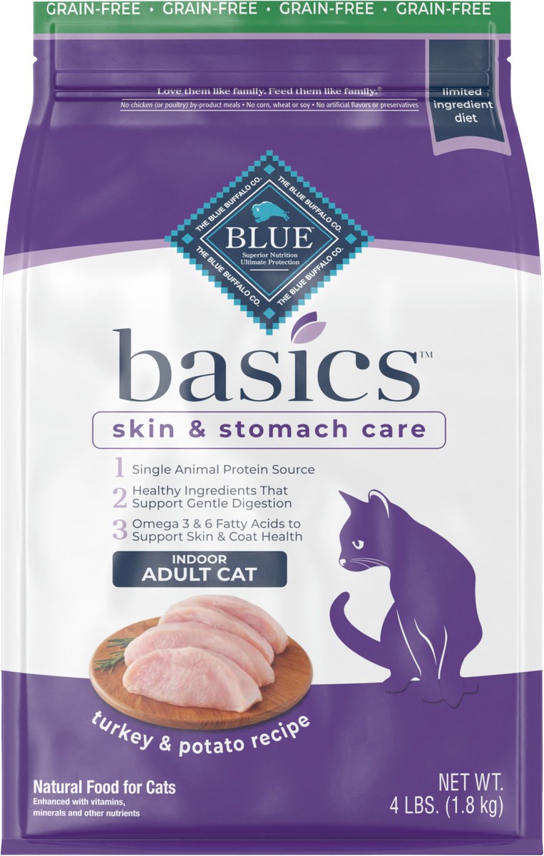 slide 2 of 12, Blue Buffalo Basics Limited Adult Indoor Cat Food, Turkey/Potato, 4 lb