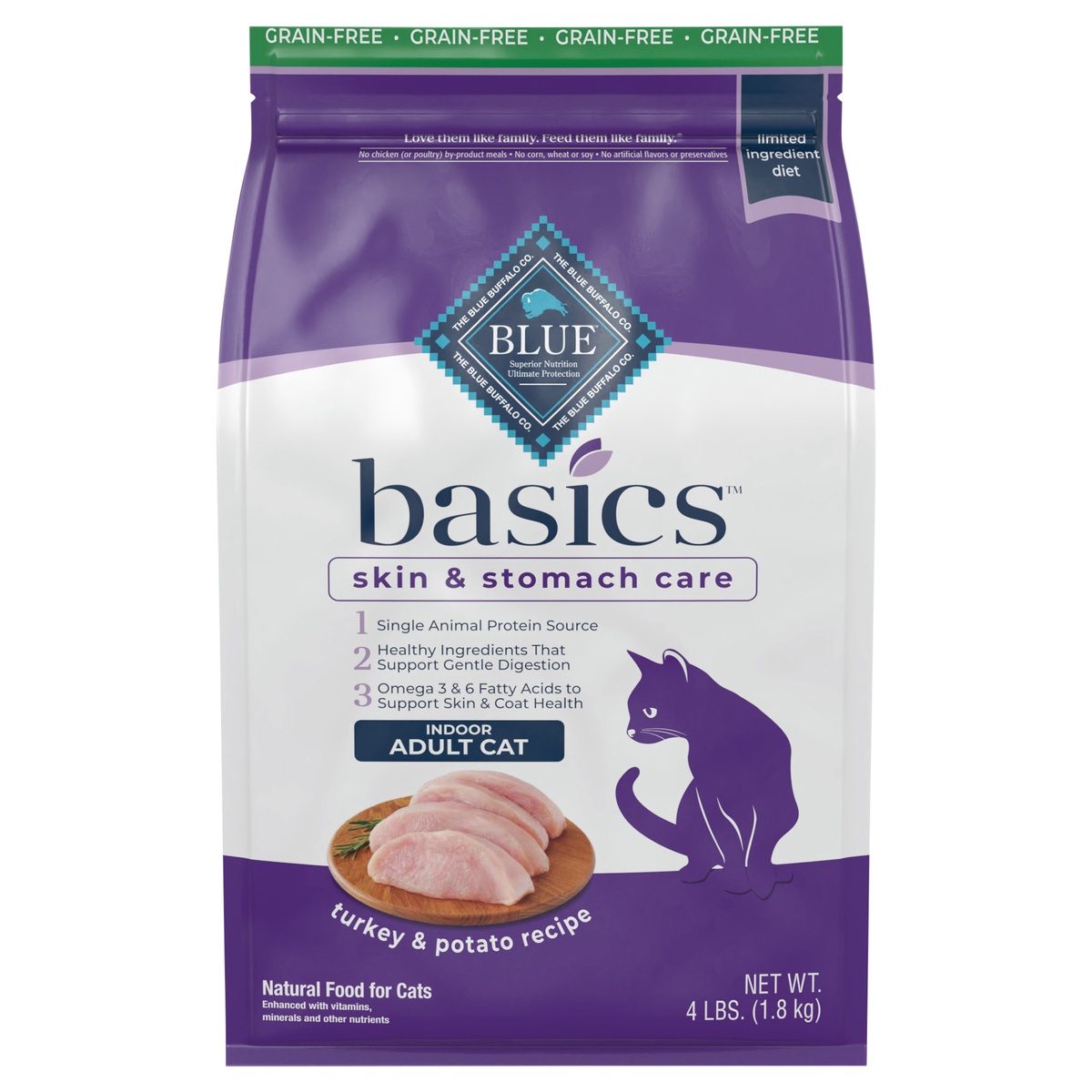slide 1 of 1, Blue Buffalo Basics Skin & Stomach Care Grain Free, Natural Indoor Adult Dry Cat Food, Turkey & Potato 4-lb, 4 lb