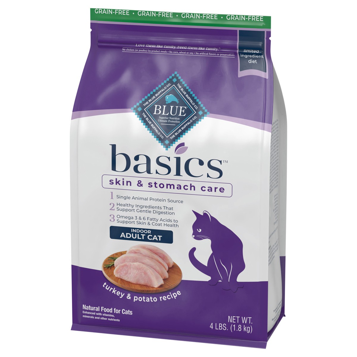 slide 4 of 12, Blue Buffalo Basics Limited Adult Indoor Cat Food, Turkey/Potato, 4 lb