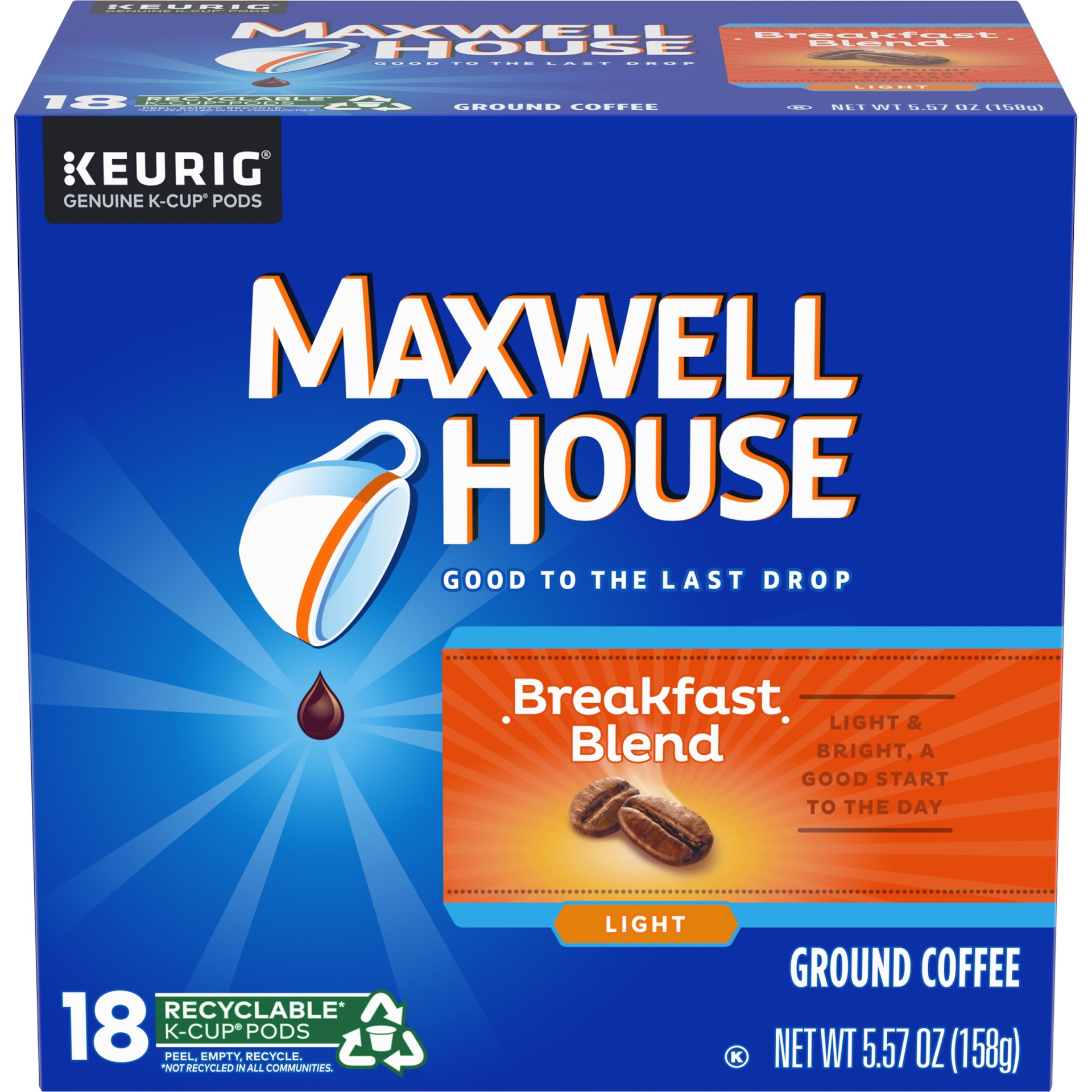 slide 1 of 6, Maxwell House Breakfast Blend Mild Roast Coffee Single Serve Pods, 18 ct