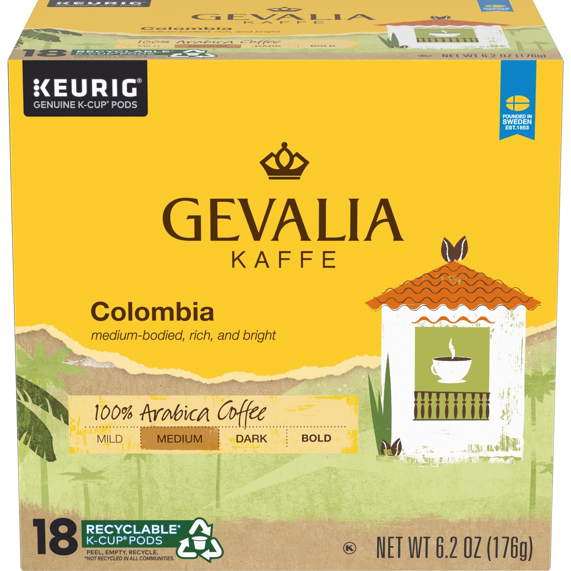 slide 1 of 6, Gevalia Kaffe Colombia Medium Roast Coffee Cup Pods, 18 ct