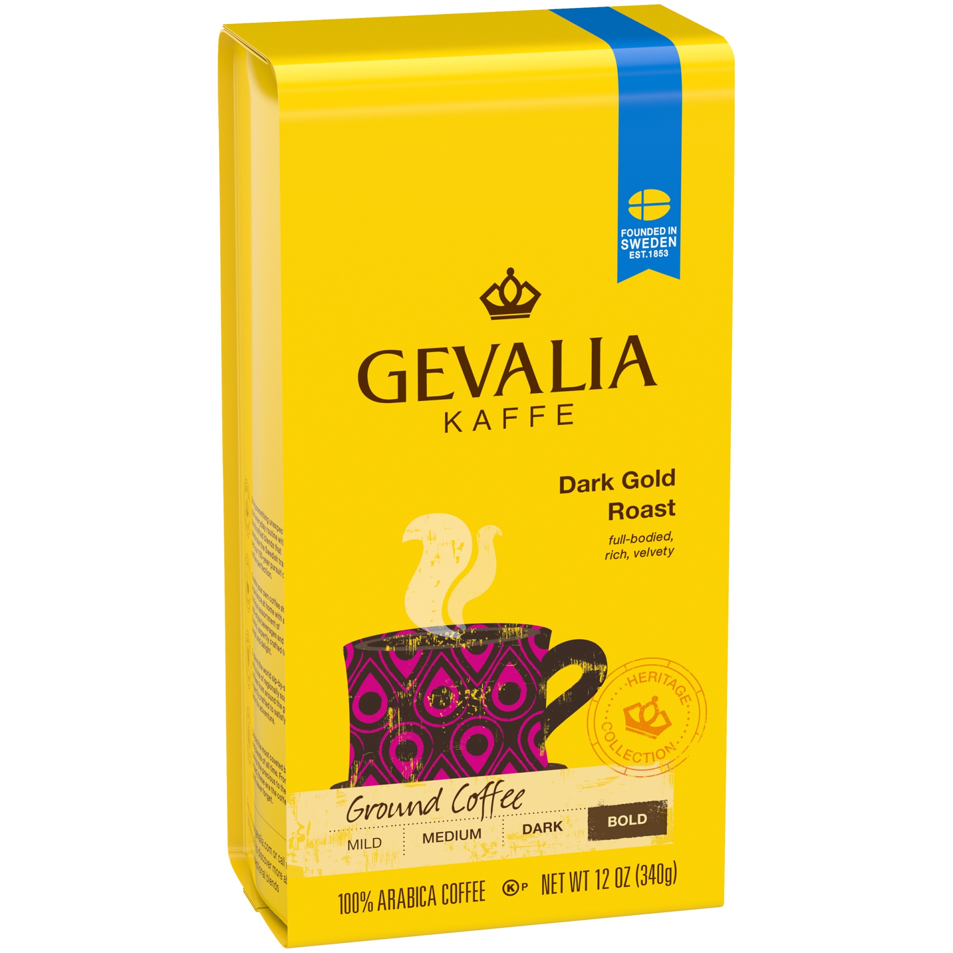 slide 3 of 6, Gevalia Dark Gold Roast Bold Dark Roast Ground Coffee, 12 oz. Bag, 12 oz