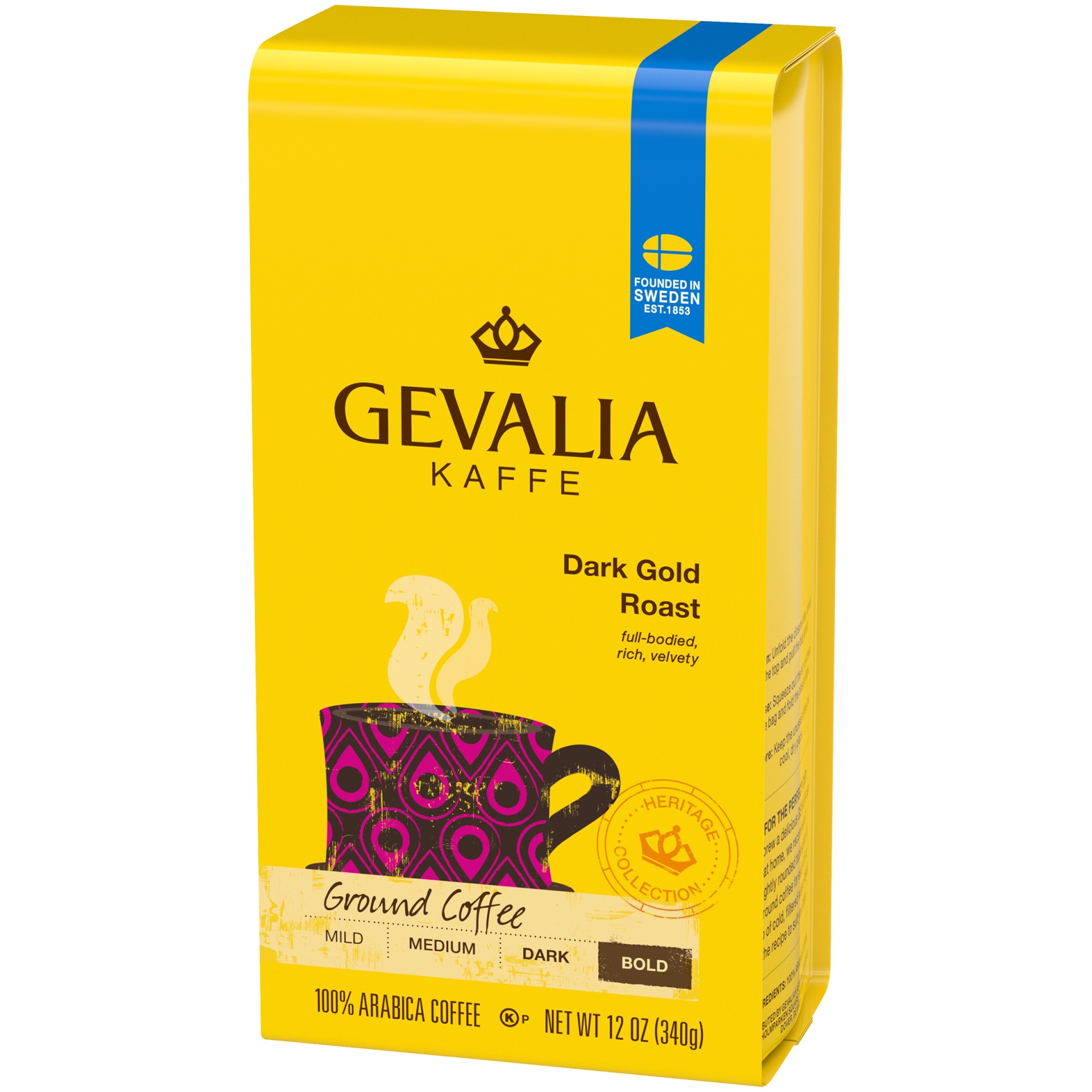 slide 2 of 6, Gevalia Dark Gold Roast Bold Dark Roast Ground Coffee, 12 oz. Bag, 12 oz