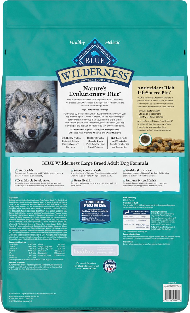 slide 5 of 9, Blue Buffalo Wilderness High Protein, Natural Adult Large Breed Dry Dog Food, Salmon 24-lb, 24 lb