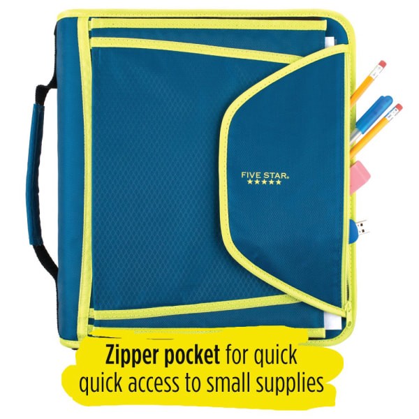 slide 4 of 4, Five Star Zipper Binder, with Expanding File - Teal/Chartreuse, 2 in