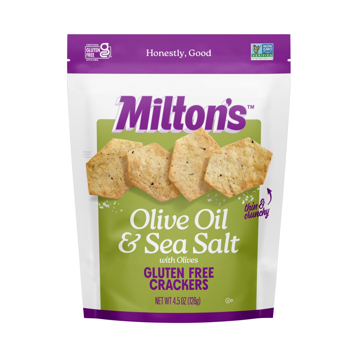 slide 1 of 6, Milton's Craft Bakers Olive Oil & Sea Salt With Olives Baked Crackers, 4.5 oz