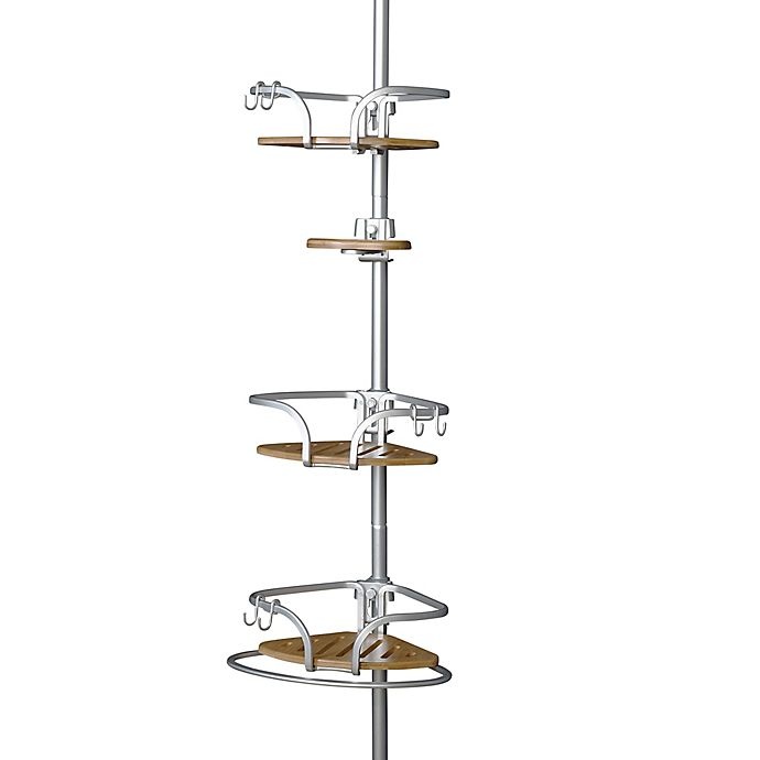 Aluminum Tension Pole Caddy with Bamboo Shelves 