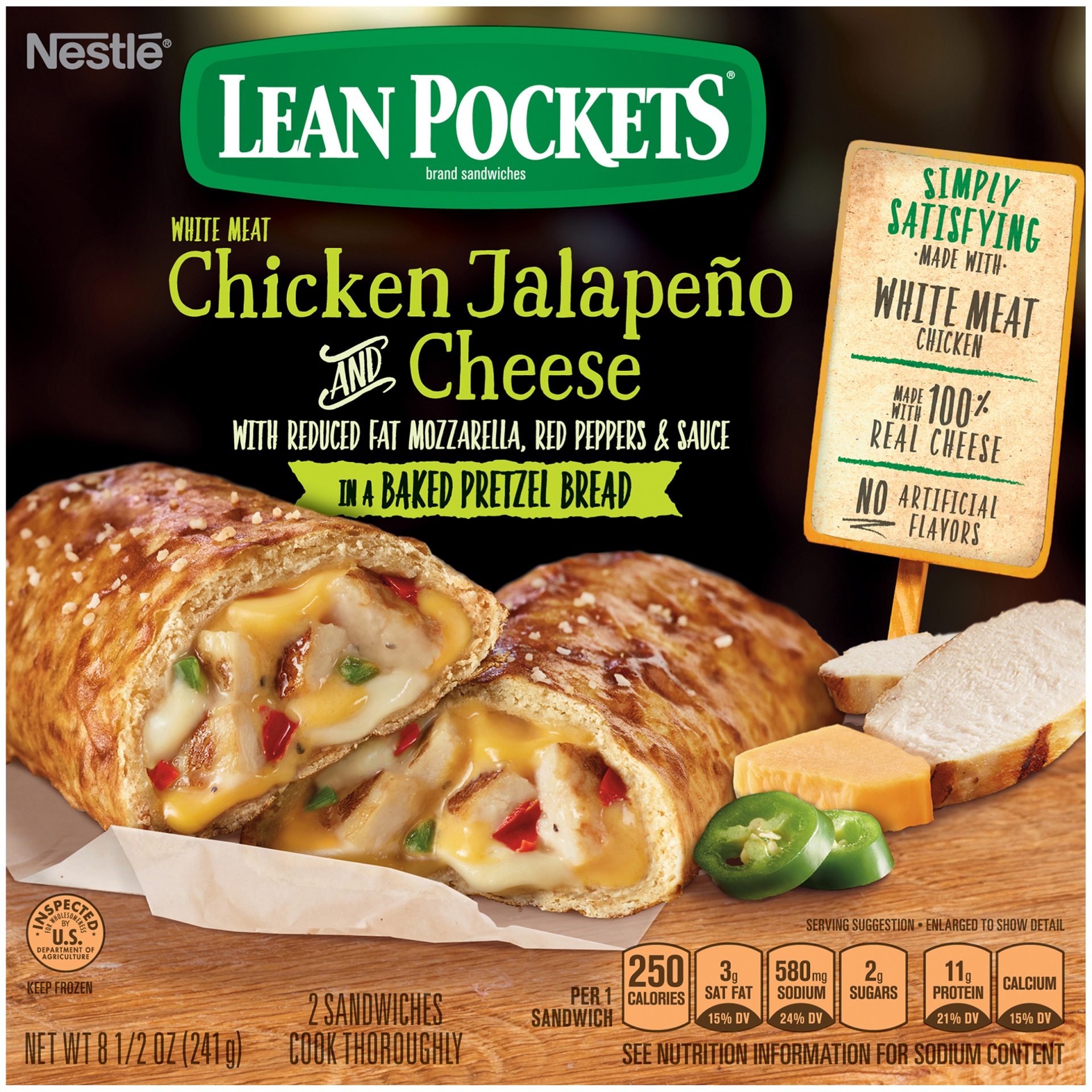 slide 1 of 6, Lean Pockets Pretzel Bread Grilled Chicken With Jalapeno Cheddar Sandwiches, 9 oz
