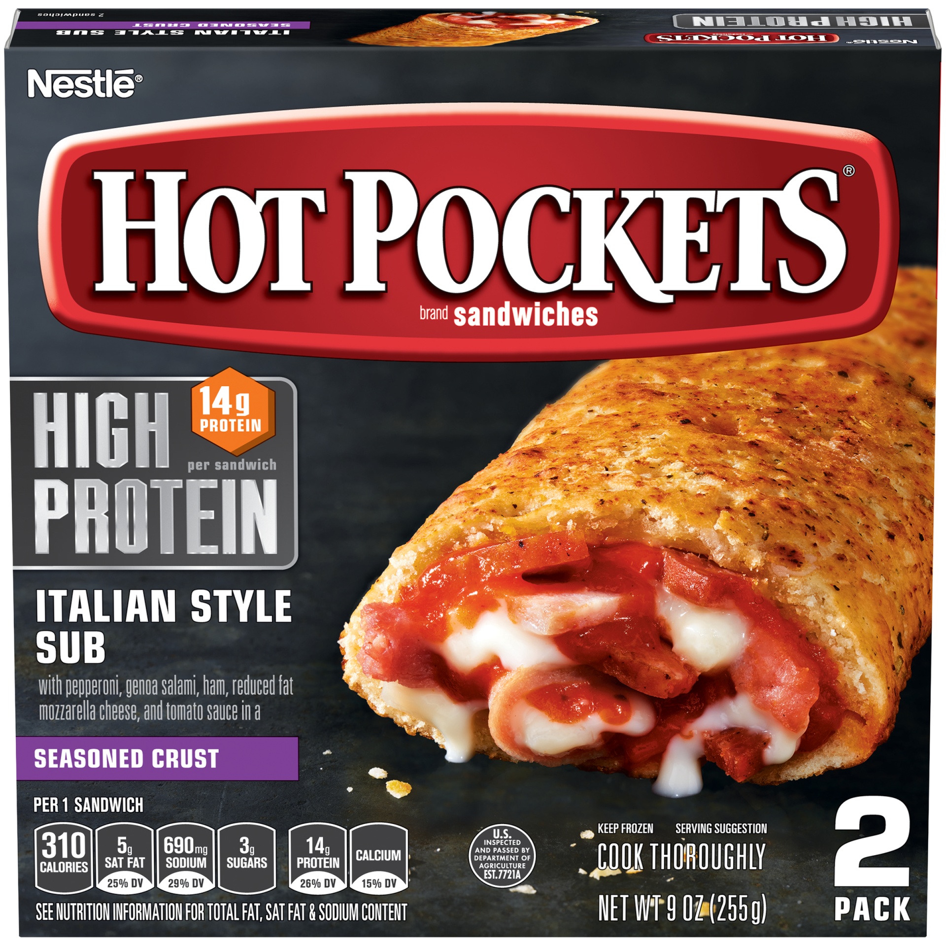 slide 2 of 10, Hot Pockets Frozen Snacks High Protein Italian Style Sub Seasoned Crust Frozen Sandwiches, 9 oz