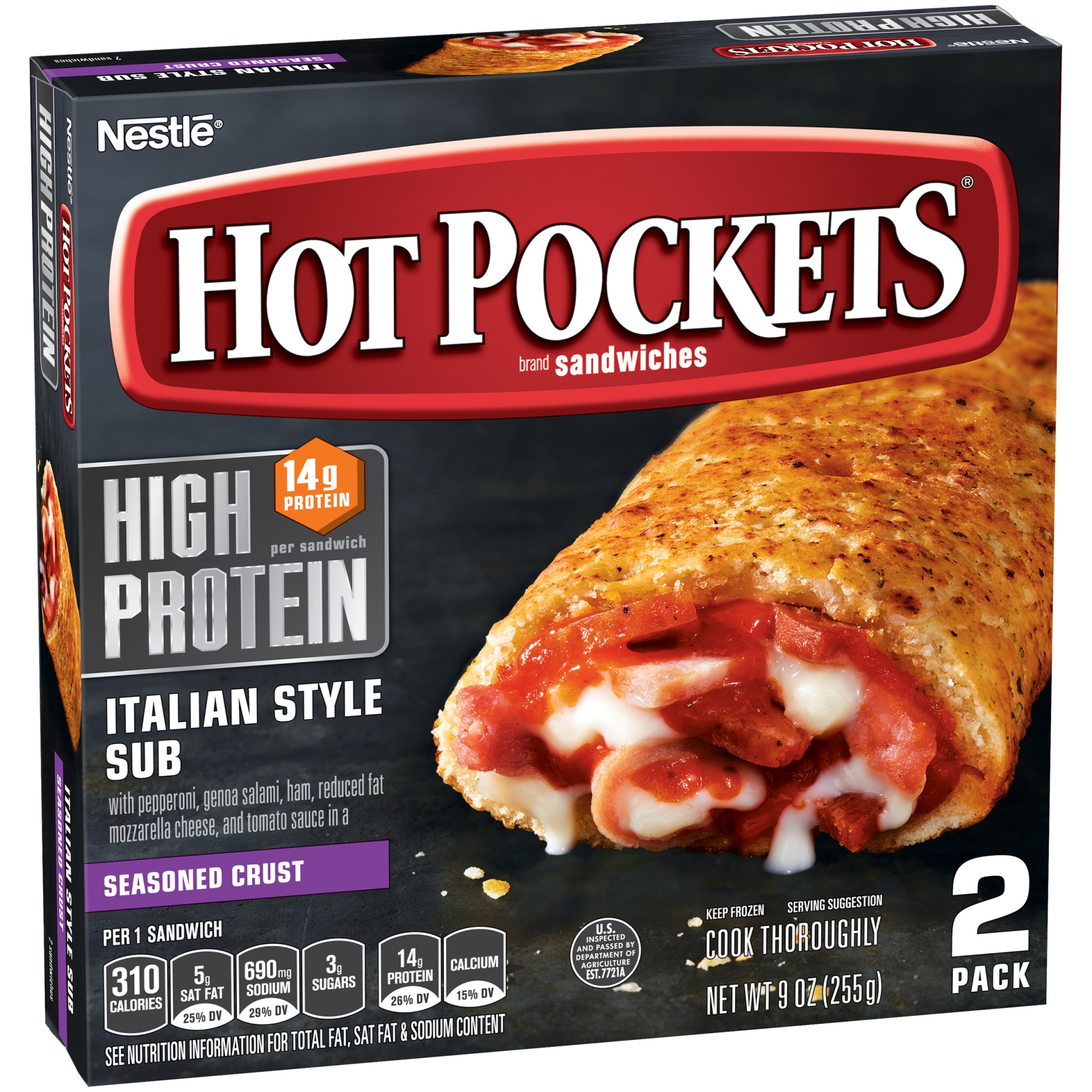 slide 3 of 10, Hot Pockets Frozen Snacks High Protein Italian Style Sub Seasoned Crust Frozen Sandwiches, 9 oz