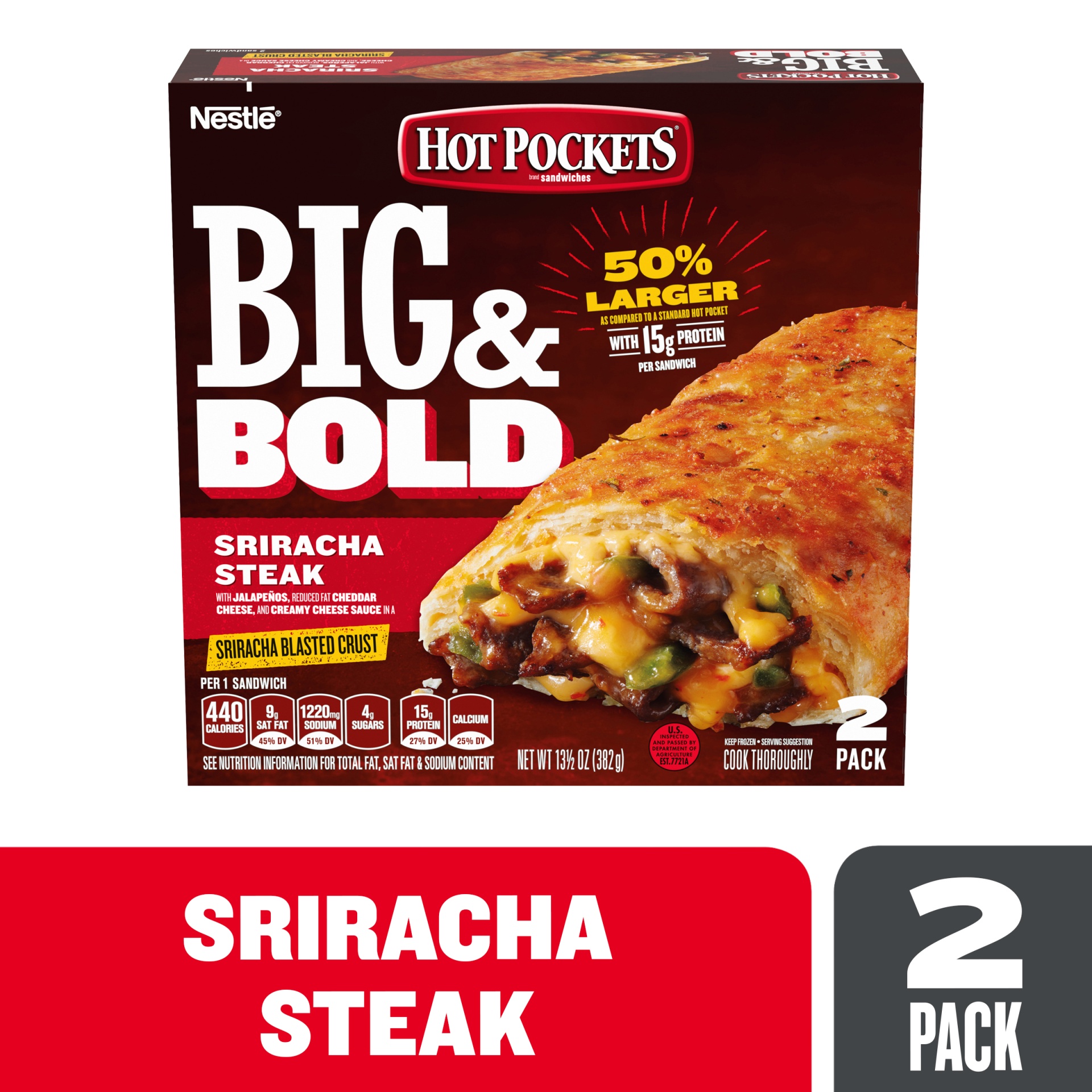 slide 2 of 6, Hot Pockets Frozen Snack Big & Bold Sriracha Steak Sandwich, 2 ct; 13.5 oz