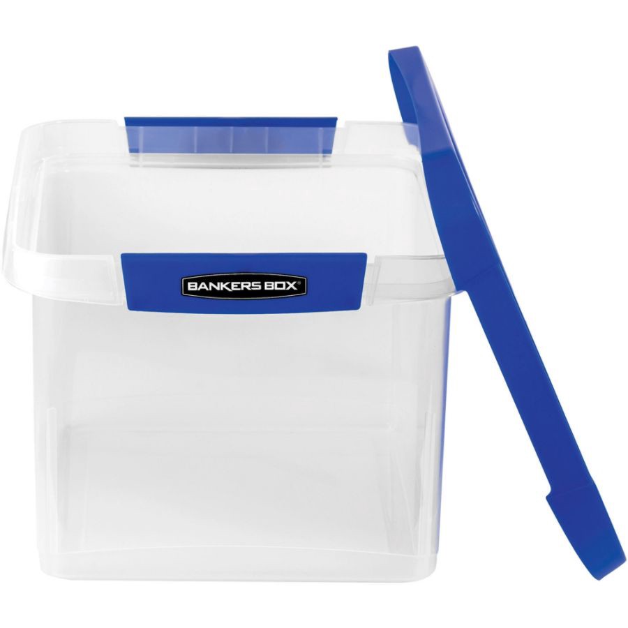 slide 10 of 10, Bankers Box Heavy-Duty Plastic Portable File Box, Letter/Legal, Clear/Blue, 1 ct