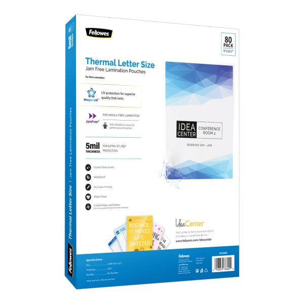 slide 5 of 5, Fellowes Imagelast Premium Uv Thermal Laminating Pouches, Letter Size, 5 Mil, 9" X 11-1/2", Clear, Pack Of 80 Pouches, 80 ct