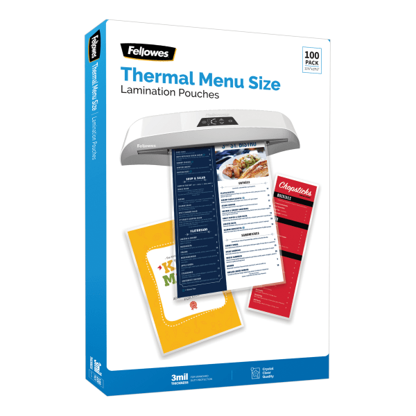 slide 3 of 5, Fellowes Thermal Laminating Pouches, Menu Size, 3 Mil, 11-1/2'' X 17-1/2'', Ultra-Clear, Pack Of 100 Pouches, 100 ct