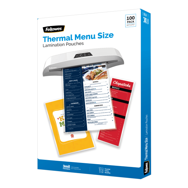 slide 5 of 5, Fellowes Thermal Laminating Pouches, Menu Size, 3 Mil, 11-1/2'' X 17-1/2'', Ultra-Clear, Pack Of 100 Pouches, 100 ct