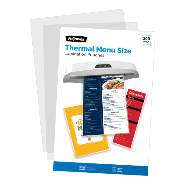 slide 4 of 5, Fellowes Thermal Laminating Pouches, Menu Size, 3 Mil, 11-1/2'' X 17-1/2'', Ultra-Clear, Pack Of 100 Pouches, 100 ct