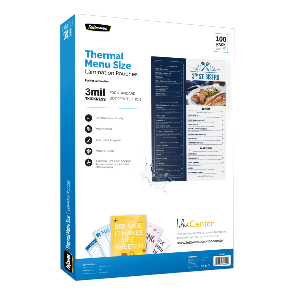 slide 2 of 5, Fellowes Thermal Laminating Pouches, Menu Size, 3 Mil, 11-1/2'' X 17-1/2'', Ultra-Clear, Pack Of 100 Pouches, 100 ct