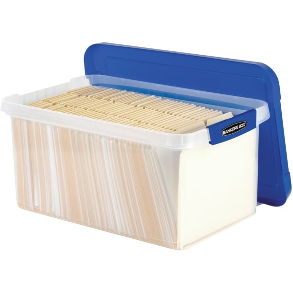 slide 8 of 10, Fellowes Bankers Box Heavy-Duty Plastic Portable Storage File Box, 10-3/8" X 14-1/4", Clear/Blue, 1 ct
