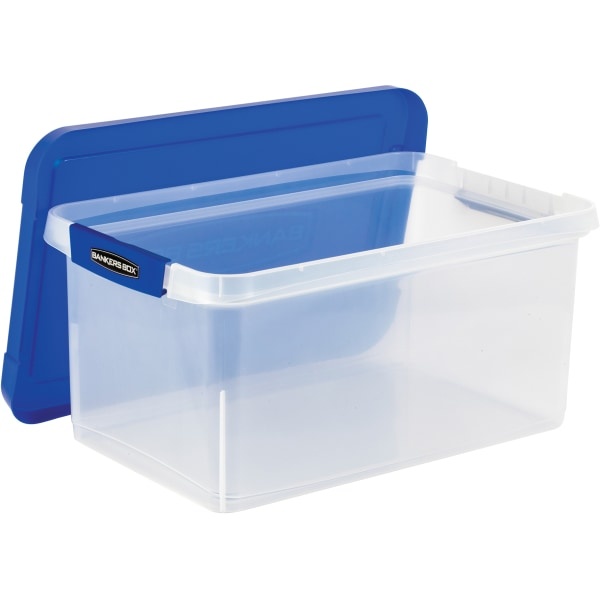 slide 3 of 10, Fellowes Bankers Box Heavy-Duty Plastic Portable Storage File Box, 10-3/8" X 14-1/4", Clear/Blue, 1 ct
