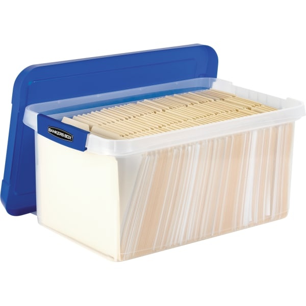 slide 2 of 10, Fellowes Bankers Box Heavy-Duty Plastic Portable Storage File Box, 10-3/8'' X 14-1/4'', Clear/Blue, 1 ct