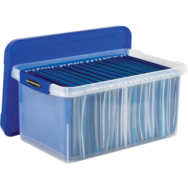 slide 4 of 10, Fellowes Bankers Box Heavy-Duty Plastic Portable Storage File Box, 10-3/8" X 14-1/4", Clear/Blue, 1 ct
