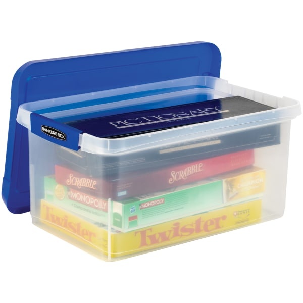 slide 2 of 10, Fellowes Bankers Box Heavy-Duty Plastic Portable Storage File Box, 10-3/8" X 14-1/4", Clear/Blue, 1 ct
