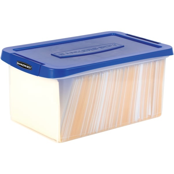 slide 7 of 10, Fellowes Bankers Box Heavy-Duty Plastic Portable Storage File Box, 10-3/8" X 14-1/4", Clear/Blue, 1 ct
