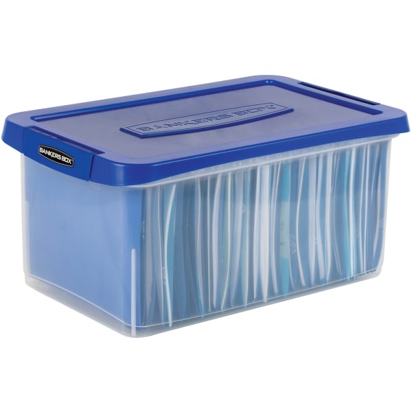 slide 6 of 10, Fellowes Bankers Box Heavy-Duty Plastic Portable Storage File Box, 10-3/8" X 14-1/4", Clear/Blue, 1 ct