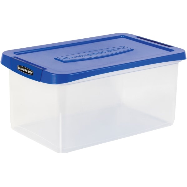 slide 1 of 10, Fellowes Bankers Box Heavy-Duty Plastic Portable Storage File Box, 10-3/8" X 14-1/4", Clear/Blue, 1 ct