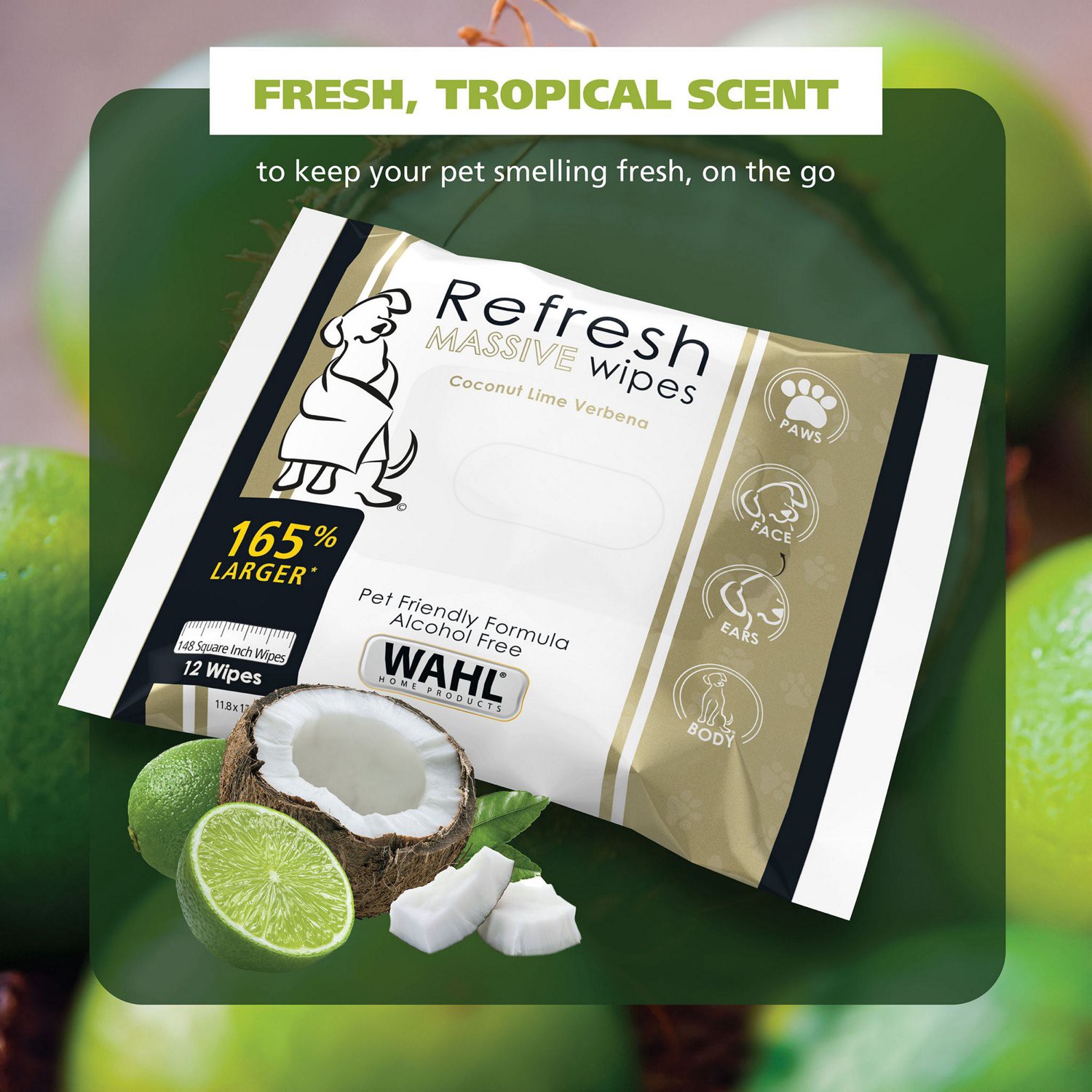 slide 8 of 10, Wahl Refresh Massive Pet Grooming Wipes, Coconut Lime Verbena Scent, 3 Pk (12 Wipes Per Pack), 12 ct