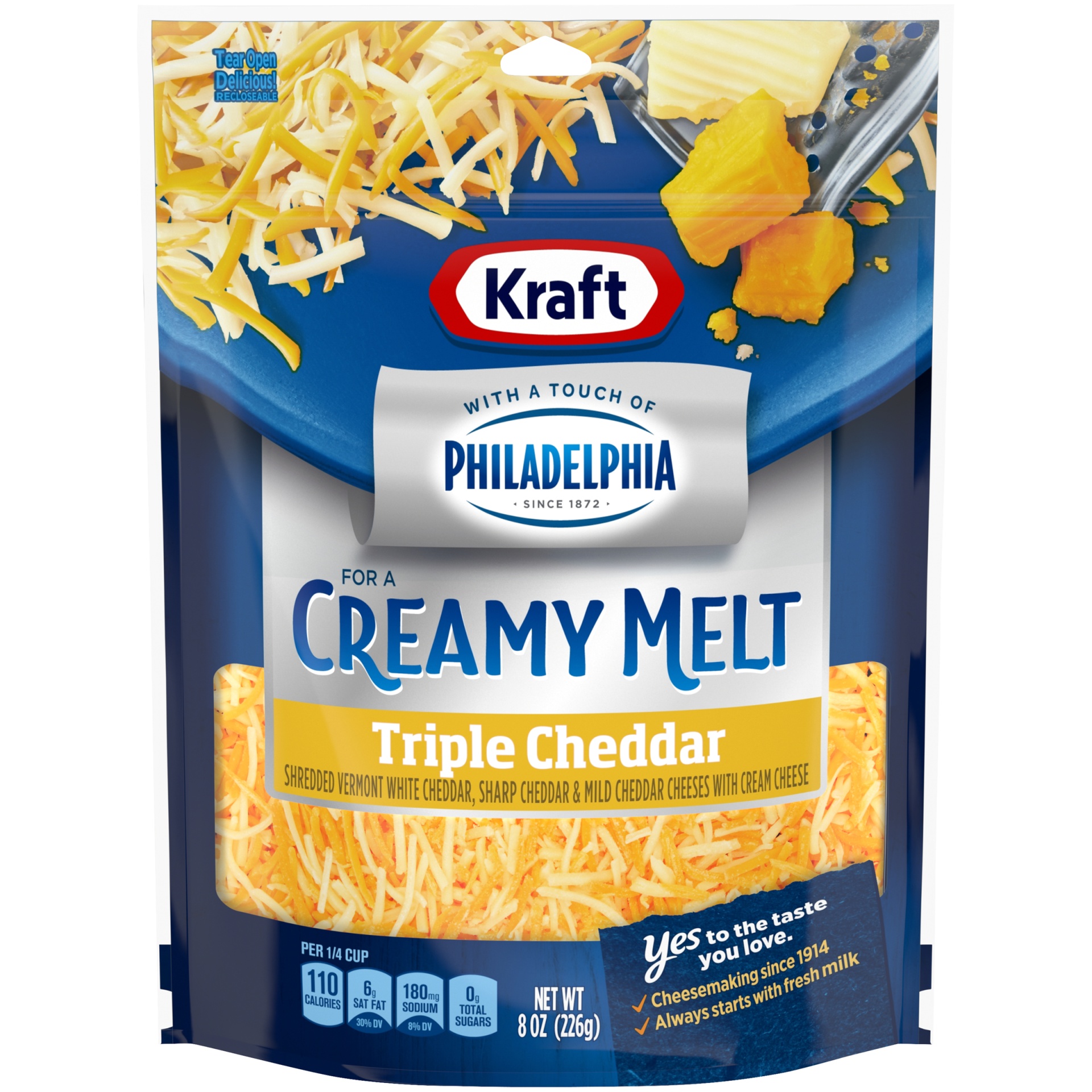 slide 1 of 6, Kraft Triple Cheddar Shredded Cheese with a Touch of Philadelphia for a Creamy Melt, 8 oz