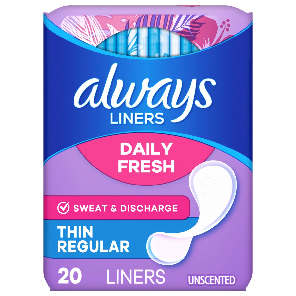 slide 1 of 4, Always Daily Fresh Thin Liners, Regular Absorbency, Unscented Panty Liners, 20 Count, 20 ct