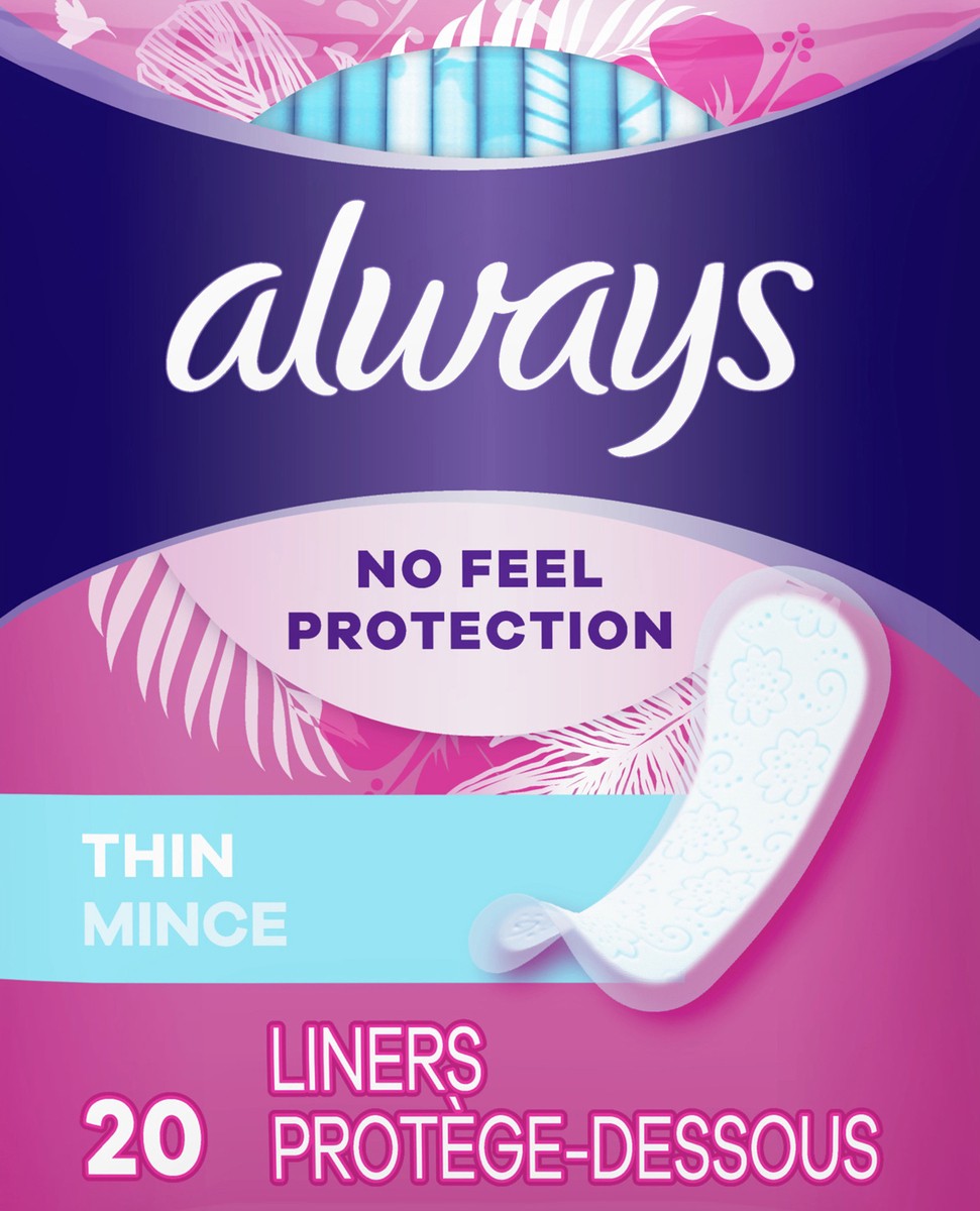slide 4 of 4, Always Thin No Feel Protection Daily Liners, Regular Absorbency, Unscented, 20 Count, 20 ct