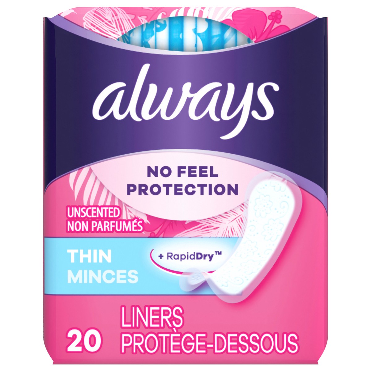slide 1 of 4, Always Thin No Feel Protection Daily Liners, Regular Absorbency, Unscented, 20 Count, 20 ct