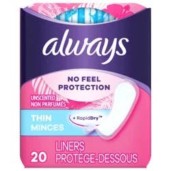 Always Thin No Feel Protection Daily Liners, Regular Absorbency, Unscented, 20 Count