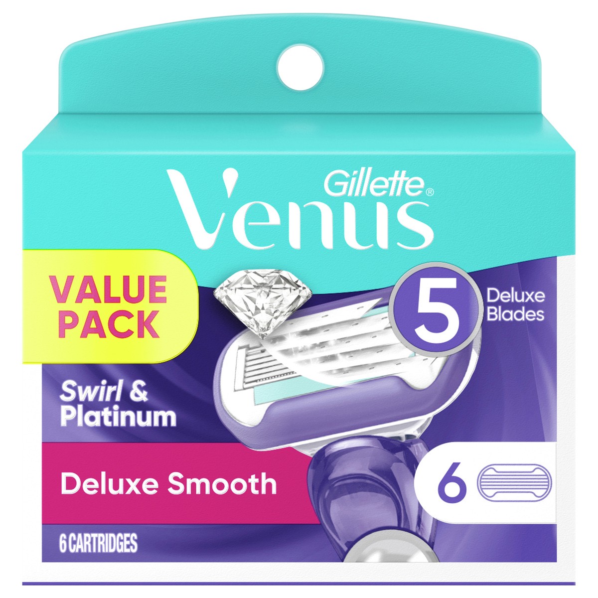 slide 1 of 2, Gillette Venus Deluxe Smooth Swirl Women's Razor Blade Refills, 6 Count, 6 ct