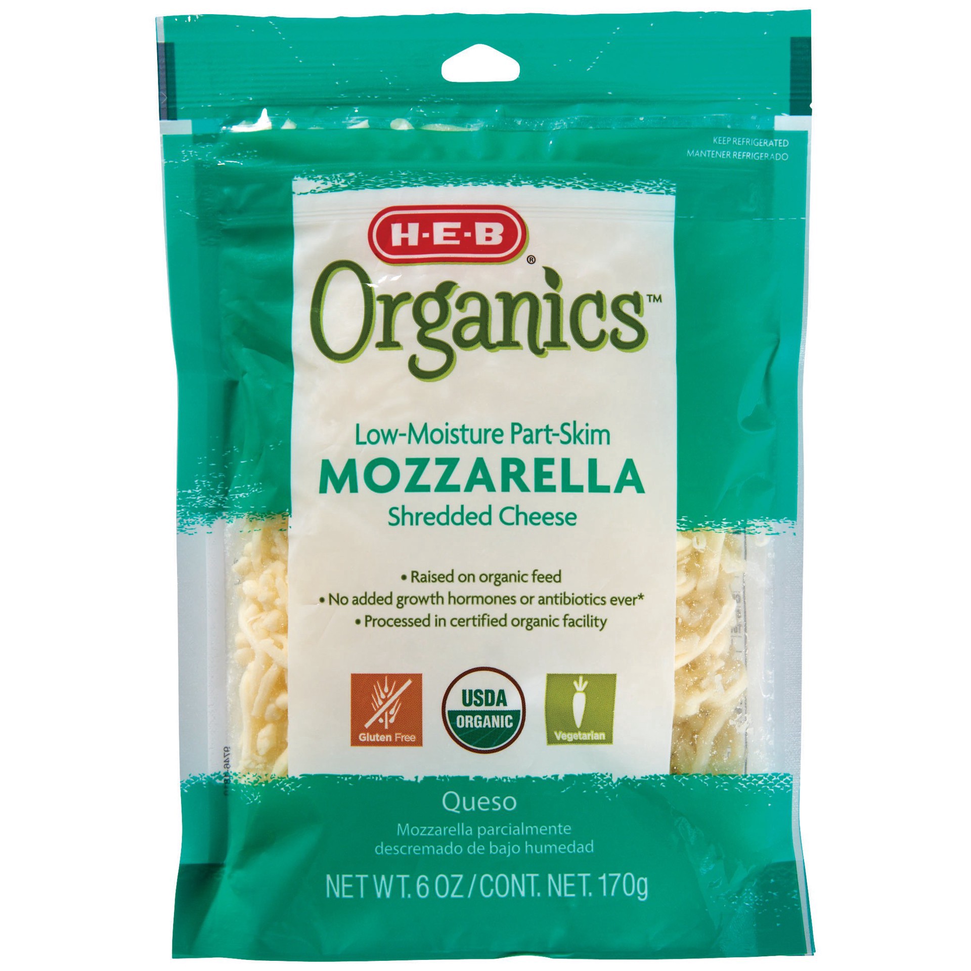 slide 1 of 1, H-E-B Organics Low Moisture Part-Skim Mozzarella Shredded Cheese, 6 oz