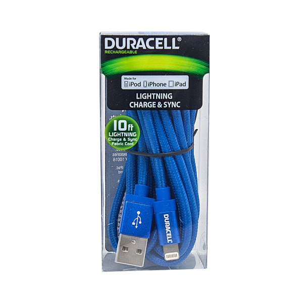 slide 1 of 4, Duracell Fabric Lightning Cable, 10', Blue, Le2236, 1 ct