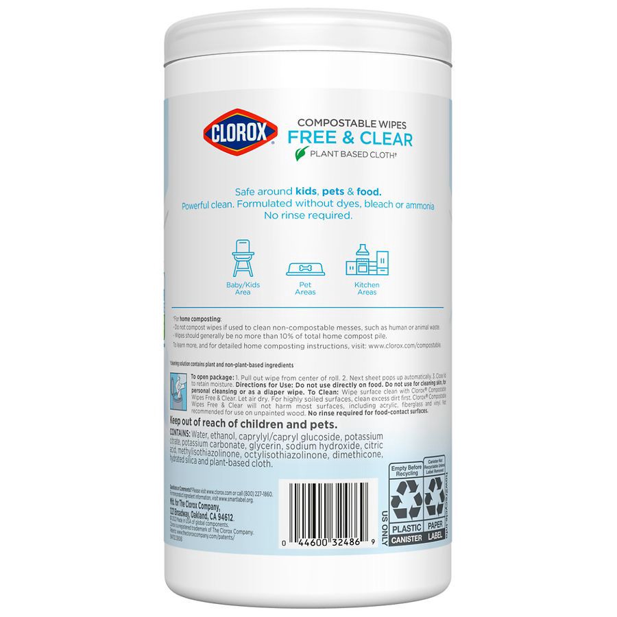 slide 5 of 5, Clorox Compostable Cleaning All Purpose Free and Clear Wipes, 75 ct
