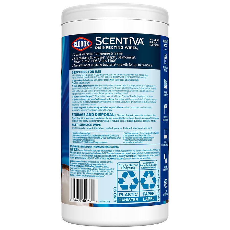 slide 5 of 5, Clorox Scentiva Disinfecting Wipes Pacific Breeze & Coconut Scent 75 Count, 75 ct