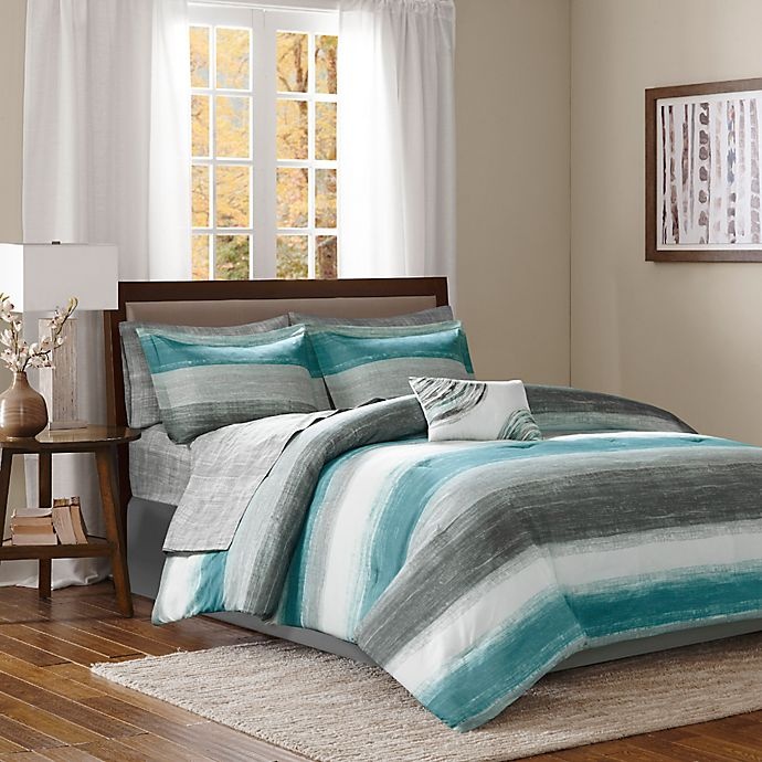 slide 1 of 9, Madison Park Essentials Saben Queen Comforter and Cotton Sheet Set - Aqua, 9 ct