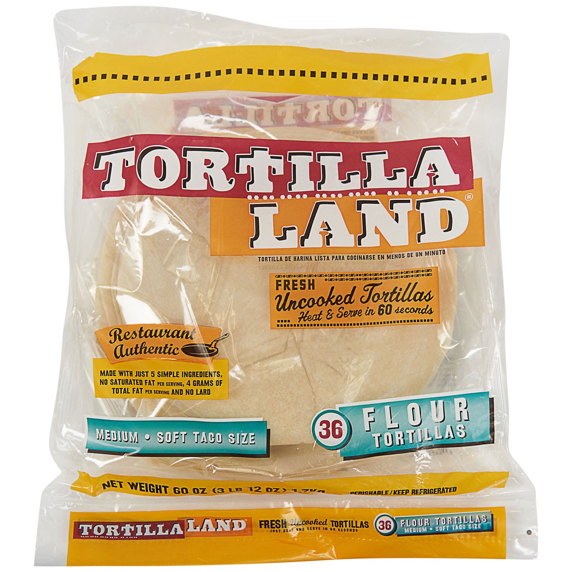 slide 1 of 1, Sw Prod Dba Circle Foods Tortilla Land Uncooked Flour Tortillas, 60 oz, 36 count, 