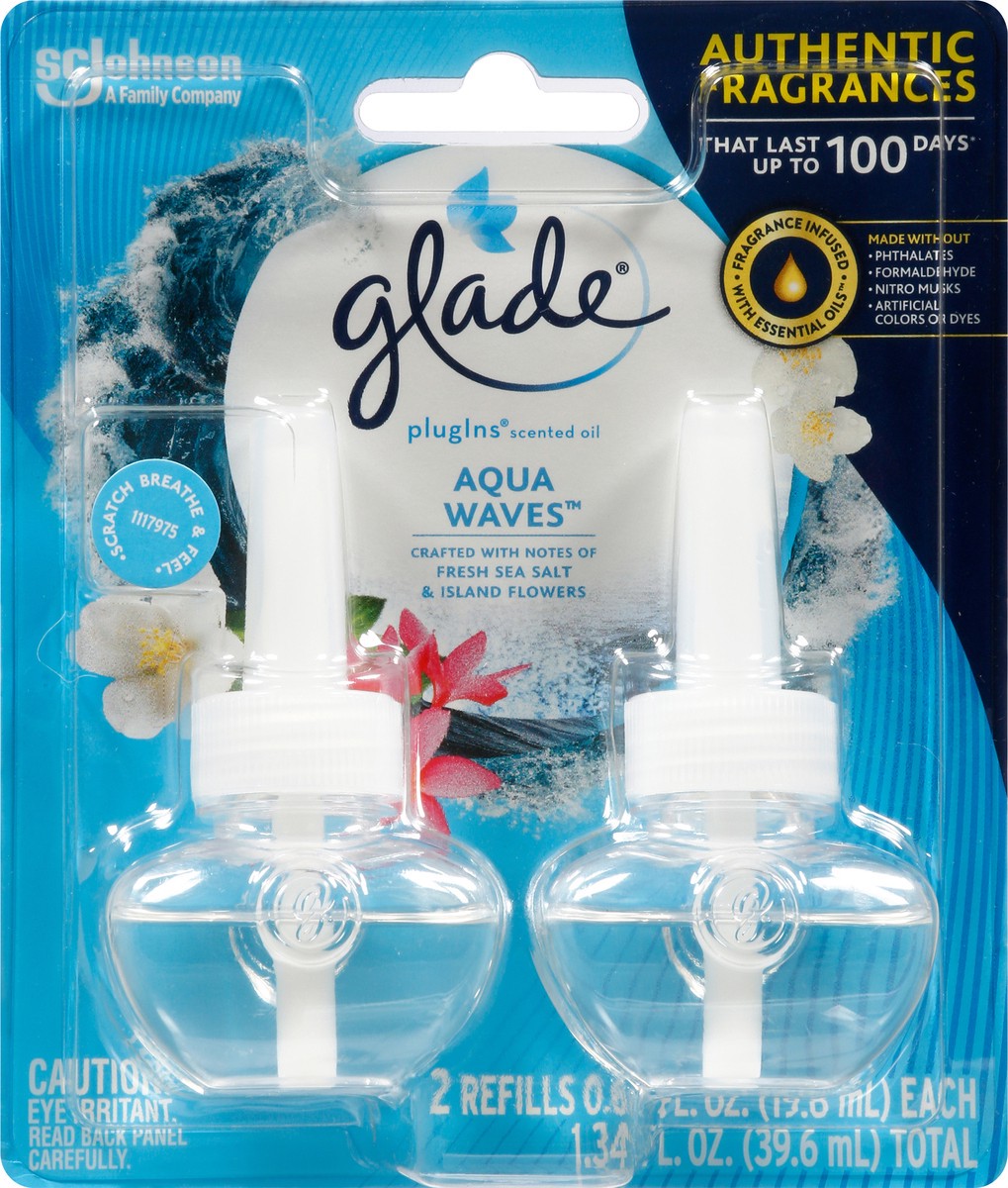 slide 7 of 9, Glade PlugIns Scented Oil Diffuser, Aqua Waves, 2 Refills, 1.34 oz, 2 ct